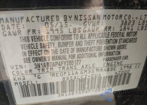 2015 Nissan Sentra S from USA, damaged, VIN 3N1AB7AP4FY285127